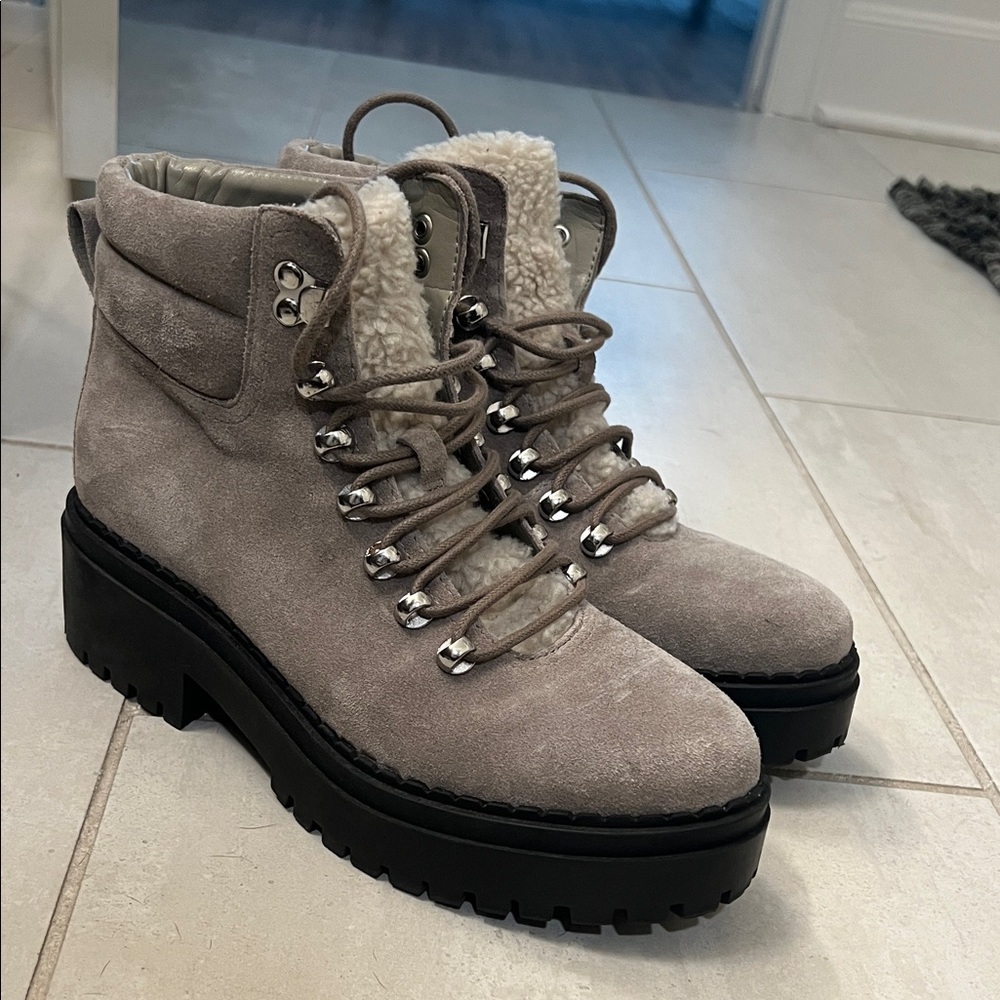 Marc Fisher Taupe Lace-Up Boots with Shearling